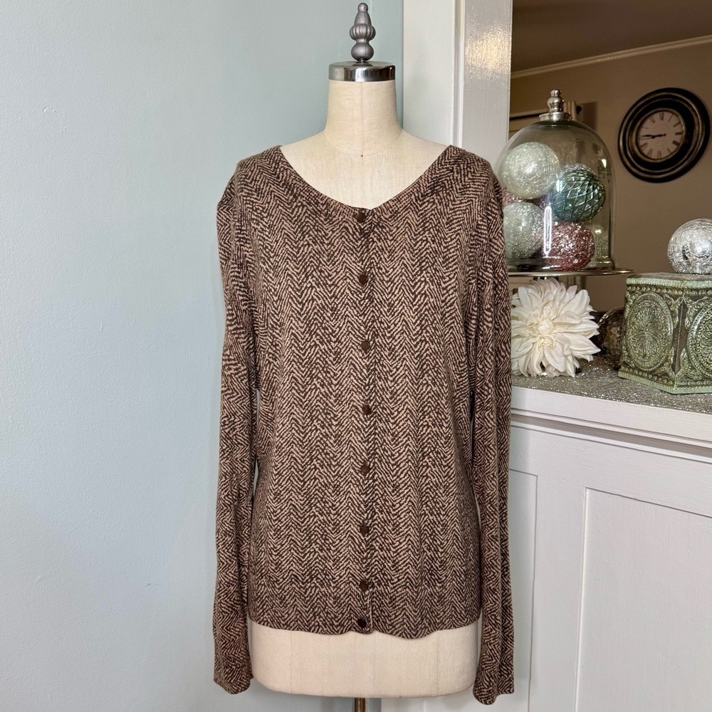 Talbots Herringbone Angora Cardigan Sweater Brown Tan Size XL - Picture 2 of 9